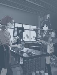  2girls apron bag barcode_scanner blazer blue_theme cable cash_register cashier collared_shirt empty_eyes hamsterfragment head_scarf holding holding_wallet indoors jacket jaggy_lines looking_at_another medium_hair monochrome mouth_hold multiple_girls original over-kneehighs parted_lips pleated_skirt power_drill school_uniform screw shelf shirt shop shopping shopping_basket short_sleeves skirt standing suicidal_girl_(hamsterfragment) thighhighs wallet window wing_collar 