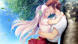  1boy against_tree blue_hairband blue_sky breast_press breasts brown_hair closed_eyes collared_shirt couple courreges_ace day dress_shirt female floating_hair from_side game_cg hairband hatsuaki_souta highres himekami_ayame hug kissing long_hair miniskirt necktie official_art outdoors pleated_skirt red_skirt sailor_collar sailor_shirt shirt short_hair short_sleeves skirt sky straight tree very_long_hair watashi_ga_suki_nara_&quot;suki&quot;_tte_itte! white_hair white_shirt wing_collar yellow_necktie 