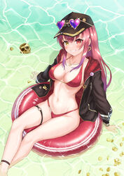  absurdres ankle_strap bare_legs baseball_cap beach bikini black_hat black_jacket blush breasts cleavage coin commentary crossed_legs day dokuro-kun_(houshou_marine) earrings eyewear_on_headwear feet_out_of_frame female from_above glint gold gold_coin gradient_hair grin hair_between_eyes hair_down hat heart heart-shaped_pupils heart_earrings heart_necklace heterochromia highres hololive houshou_marine houshou_marine_(summer) innertube jacket jewelry jiu_fanglianhua large_breasts long_hair looking_at_viewer multicolored_hair navel necklace o-ring o-ring_thigh_strap official_alternate_costume official_alternate_hair_length official_alternate_hairstyle open_clothes open_jacket outdoors plaid plaid_jacket purple_hair red_bikini red_eyes red_hair sitting skull_cup smile soaking_feet soaking_hands solo stomach swim_ring swimsuit symbol-shaped_pupils thigh_strap tinted_eyewear two-sided_fabric two-sided_jacket two-tone_hair unzipped very_long_hair virtual_youtuber water wet yellow_eyes 