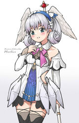  blue_eyes braid breasts cape crown_braid curly_hair female gloves grey_hair hat head_wings highres juliet_sleeves long_hair long_sleeves looking_at_viewer medium_breasts melia_antiqua o-ring puffy_sleeves simple_background smile solo staff thighhighs upper_body wings xenoblade_chronicles:_future_connected xenoblade_chronicles_(series) xenoblade_chronicles_1 yeh 