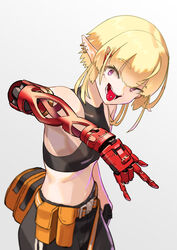  \m/ autism_wanderer bad_id bad_pixiv_id blonde_hair blurry cyborg depth_of_field ear_piercing earrings elf female highres jewelry mechanical_arms original piercing pointy_ears prosthesis purple_eyes short_hair simple_background single_mechanical_arm tank_top tongue tongue_out tongue_piercing 