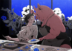  1boy apron blood blood_from_mouth eating glass horror_(theme) male_focus night original pig_boy pig_head sakiyama8ma scared short_hair surreal window 