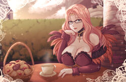  bare_shoulders basket bespectacled black_choker breasts choker circlet cleavage commentary_request cookie cornelia_arnim cup dress feathers female fire_emblem fire_emblem:_three_houses food glasses highres huge_breasts key long_hair long_sleeves looking_at_viewer off-shoulder_dress off_shoulder outdoors pink_hair red_dress rinku_bny solo sparkle teacup upper_body 