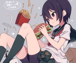  bike_shorts black_eyes black_hair cropped drink food gakuen_kino gamuo gray kino kino_no_tabi school_uniform short_hair shorts skirt upskirt 