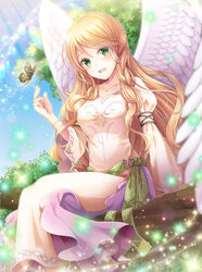  blonde_hair blue_sky bug butterfly day dress feathered_wings female fire_emblem fire_emblem:_path_of_radiance green_eyes highres if_oki leanne_(fire_emblem) long_hair long_sleeves open_mouth outdoors sitting sky solo white_wings wings 