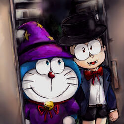  1:1 2019 anthro bell belt blue_body blue_fur bottomwear bow_(feature) bow_in_front bow_tie building clothed clothing collar costume domestic_cat doorway doraemon doraemon_(character) duo eyewear fangs felid feline felis front_view fur glasses hat headgear headwear human looking_at_viewer machine male mammal mt_tg nobita_nobi open_mouth red_collar red_nose robot shaded shorts smile standing suit teeth tongue top_hat wall_(structure) whiskers white_body white_fur wizard_costume wizard_hat wizard_robe 