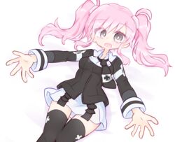  aisaka_isako asura_cryin&#039; black_eyes black_jacket black_necktie black_thighhighs breasts female jacket medium_breasts necktie open_hands open_mouth pink_hair sahara_hikari sitting skirt smile solo thighhighs twintails white_background white_skirt 