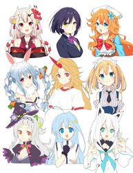  6+girls :3 ahoge amaryllis_gumi animal_ear_fluff animal_ears armband bare_shoulders black_bow black_bowtie black_gloves black_necktie blonde_hair blue_eyes blue_hair blunt_bangs bow bowtie braid breasts buttons carrot carrot_hair_ornament cleavage collarbone commentary don-chan_(usada_pekora) extra_ears flower followers_favorite_challenge food-themed_hair_ornament fox_ears fox_shadow_puppet gloves hair_flower hair_ornament hat headdress hololive horns hoshiguma_yuugi kotohara_hinari kusumoto_shizuru large_breasts long_braid long_hair lyrical_nanoha mahou_shoujo_lyrical_nanoha_strikers mask mask_on_head medium_breasts medium_hair multiple_drawing_challenge multiple_girls murasaki_shion murasaki_shion_(1st_costume) nakiri_ayame nakiri_ayame_(1st_costume) neck_ribbon necktie nijisanji oni_mask orange_eyes orange_hair otogibara_era purple_bow purple_bowtie rabbit_ears rabbit_girl red_bow red_bowtie red_eyes red_ribbon reinforce_zwei ribbon scarf shirakami_fubuki shirakami_fubuki_(1st_costume) shirt shizuka_rin single_horn small_breasts thick_eyebrows touhou twin_braids unfinished upper_body usada_pekora usada_pekora_(1st_costume) virtual_youtuber white_background white_hair white_shirt witch_hat yellow_eyes 