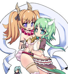  1boy 2girls animal_print aqua_eyes aqua_hair commentary_request dong_tianjun_(sennen_sensou_aigis) fuuko_(sennen_sensou_aigis) green_hair hagoromo horns light_brown_hair multiple_girls nemui_(nemui) ponytail purple_eyes ramii_(sennen_sensou_aigis) sennen_sensou_aigis shawl simple_background tiger_print twintails white_background 