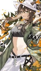  animal_ears arknights brown_hair choker crop_top ears_through_headwear female green_eyes gu_(gu_da_yo) highres horse_ears horse_girl horse_tail jacket long_hair meteor_(arknights) meteor_(bard&#039;s_holiday)_(arknights) midriff navel official_alternate_costume parted_lips ponytail solo tail 