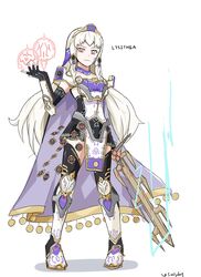  absurdres alternate_costume arm_guards armor armored_dress artist_name bare_shoulders breastplate cape celica_(fire_emblem) celica_(fire_emblem)_(cosplay) character_name circlet closed_mouth cosplay crest elbow_gloves female fingerless_gloves fire_emblem fire_emblem:_three_houses fire_emblem_echoes:_shadows_of_valentia flat_chest full_body gloves greaves headdress highres holding holding_sword holding_weapon knee_guards long_hair looking_at_viewer looking_down lysithea_von_ordelia miniskirt pelvic_curtain pink_eyes saiykik simple_background skirt smirk sword thighhighs thunderbrand vambraces weapon white_background white_hair zettai_ryouiki 