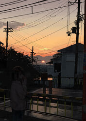  absurdres black_hair bob_cut boom_barrier cloud coat commentary evening female gloves highres house original outdoors power_lines railing railroad_crossing railroad_tracks scenery sky solo standing sunset uniunimikan utility_pole winter_clothes winter_coat 