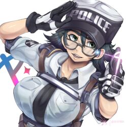  :d astral_chain black-framed_eyewear black_hair black_necktie breast_pocket breasts collared_shirt commentary_request female geistbox glasses gloves green_eyes hair_between_eyes hat highres large_breasts marie_wentz necktie open_mouth pocket police police_uniform policewoman shirt short_hair simple_background smile solo teeth thick_eyebrows twitter_username uniform white_background white_shirt 