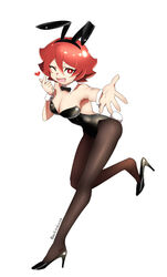  animal_ears arikindows10 bare_shoulders breasts cleavage detached_collar fake_animal_ears fake_tail female full_body hair_between_eyes heart high_heels highres leg_up leotard little_witch_academia looking_at_viewer one_eye_closed open_mouth outstretched_hand pantyhose playboy_bunny rabbit_ears rabbit_tail red_eyes red_hair ribbon shiny_chariot shoe_dangle short_hair smile solo tail twitter_username white_background 