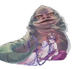  2boys anakin_skywalker animification arm_support bare_shoulders brown_hair chain_leash chains closed_mouth cosplay crossdressing hair_between_eyes harem_outfit holding holding_leash jabba_the_hutt jju_(nile12634) leash lying male_focus multiple_boys navel on_side open_mouth pelvic_curtain princess_leia_organa_solo princess_leia_organa_solo_(cosplay) scar scar_across_eye slave star_wars star_wars:_return_of_the_jedi star_wars:_the_clone_wars stomach yaoi 