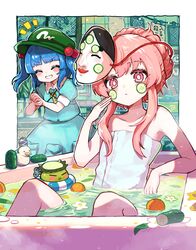  2girls alternate_hairstyle bathtub beauty_treatment blue_eyes blue_hair closed_eyes commentary cucumber cucumber_on_face cucumber_slice food fruit fruit_on_liquid hair_bobbles hair_ornament hat hata_no_kokoro highres howhow_notei kappa kawashiro_nitori long_hair looking_at_viewer mask multiple_girls naked_towel orange_(fruit) partially_submerged pink_eyes pink_hair shirt short_sleeves sidelocks symbol-only_commentary touhou towel two_side_up water 