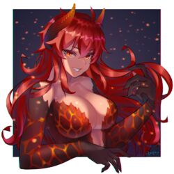  breasts center_opening dola_(nijisanji) dragon_girl dragon_horns embers female hair_between_eyes horns large_breasts long_hair looking_at_viewer nijisanji red_eyes red_hair sharp_teeth slit_pupils smile solo teeth upper_body virtual_youtuber yasawa_kichi 