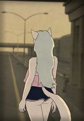  2023 absurd_res anthro ass bottomwear clothing cutoffs denim denim_bottomwear denim_clothing digital_media_(artwork) elaie_(letrune) felid felin female fur hair hi_res kawaoneechan long_hair mammal outside rear_view shirt shorts solo tail topwear white_body white_fur white_hair 