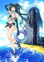  absurdres animal_costume architect_(girls&#039;_frontline) architect_(nvw_model)_(girls&#039;_frontline) asymmetrical_gloves beach black_footwear black_hair black_one-piece_swimsuit blue_sky breasts cloud collarbone commission day eudetenis feet female fingerless_gloves giant giantess girls&#039;_frontline gloves highres innertube long_hair looking_at_viewer medium_breasts navel ocean one-piece_swimsuit open_mouth outdoors palm_tree partially_fingerless_gloves purple_eyes sand sangvis_ferri shark_costume shoes side_ponytail sky smile solo swim_ring swimsuit toenails toes tree 