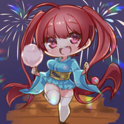  aerial_fireworks ahoge alternate_costume azur_lane blue_kimono blush bouncing_breasts breasts chibi commentary_request cotton_candy female fireworks floral_print food hands_up happy holding holding_food honolulu_(among_the_stalls)_(azur_lane) honolulu_(azur_lane) japanese_clothes kimono kimono_skirt large_breasts leg_up long_hair looking_at_viewer night night_sky obi official_alternate_costume open_mouth pleated_skirt red_eyes red_hair round_teeth sash seele0907 skirt sky smile solo standing standing_on_one_leg teeth thighhighs thighs tongue twintails very_long_hair white_thighhighs wide_sleeves wooden_floor yukata 