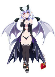  bare_shoulders battle_girl_high_school black_thighhighs blue_hair blush breasts cleavage commentary constricted_pupils crazy_eyes demon_girl demon_horns demon_tail demon_wings detached_collar detached_sleeves earrings female full_body hand_on_own_face hand_up head_tilt highres horns jewelry kunieda_shiho lee_xianshang lilim_(monster_girl_encyclopedia) looking_at_viewer medium_breasts medium_hair monster_girl_encyclopedia monsterification navel parted_lips photoshop_(medium) pointy_ears red_eyes simple_background smile solo tail thigh_gap thighhighs white_background wings 