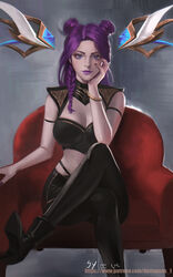  absurdres armchair black_footwear black_pants braid breasts bustier chair cleavage cleavage_cutout clothing_cutout commentary crossed_legs double_bun english_commentary female french_braid hair_bun highres idol k/da_(league_of_legends) k/da_kai&#039;sa kai&#039;sa large_breasts league_of_legends lipstick makeup mole mole_under_eye pants photoshop_(medium) purple_eyes purple_hair purple_lips purple_nails side_braid sitting solo thaumazo tight_clothes tight_pants 