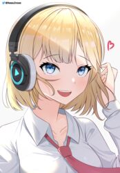  blonde_hair blue_eyes bob_cut collared_shirt english_commentary female headphones heart highres hololive hololive_english looking_at_viewer necktie nessu_(nnn07897) open_mouth red_necktie shirt short_hair simple_background smile solo teeth twitter_username upper_body upper_teeth_only virtual_youtuber watson_amelia watson_amelia_(1st_costume) white_background white_shirt 