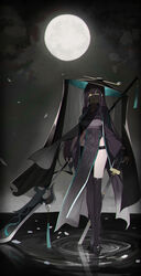  absurdres asymmetrical_legwear bad_id bad_pixiv_id black_footwear black_hat black_legwear breasts commentary covered_mouth covering_own_mouth eyelashes female full_body glowing glowing_eyes hair_between_eyes hand_on_hilt hat highres holding holding_polearm holding_sword holding_weapon katana korean_commentary large_hat long_hair long_sleeves looking_at_viewer night original orn outdoors petals polearm print_veil ripples scabbard sheath sheathed sidelocks single_thighhigh slit_pupils solo standing standing_on_liquid sword thigh_strap thighhighs uneven_legwear veil very_long_hair water weapon wide_shot yellow_eyes 