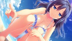  beach bikini black_hair blue_bikini blue_eyes blue_ribbon blue_sky breasts cleavage closed_mouth collarbone courreges_ace day female floating_hair frilled_bikini frills from_below front-tie_bikini_top front-tie_top game_cg goshogawara_yuuki hair_between_eyes half-closed_eyes highres index_finger_raised large_breasts long_hair looking_at_viewer outdoors ribbon sky smile solo squatting summer swimsuit underboob watashi_ga_suki_nara_&quot;suki&quot;_tte_itte! 