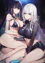  2girls absurdres armlet ass bad_id bad_pixiv_id bare_arms bare_legs bare_shoulders between_legs bikini black_bikini black_shorts blush breast_press breasts cleavage closed_mouth clothing_cutout collarbone commentary_request criss-cross_halter crop_top dripping fingernails groin hair_between_eyes halterneck hand_between_legs hand_on_own_hip highres korean_commentary large_breasts long_fingernails long_hair long_sleeves looking_at_viewer lotion lotion_bottle lying midriff multiple_girls nail_polish navel navel_cutout nervous o-ring o-ring_bikini o-ring_top on_side original orn pink_nails purple_hair see-through see-through_sleeves shiny_clothes shiny_skin shorts sidelocks sitting skindentation skirt smile stomach strap_gap string_bikini sweat sweatdrop swimsuit thighs underboob very_long_hair white_hair 