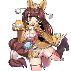  :o black_footwear boots breasts brown_hair cleavage cleavage_cutout clothing_cutout commentary_request female fox_hat leg_up long_hair long_sleeves looking_at_viewer low-tied_long_hair medium_breasts mirror nemui_(nemui) oerba_yun_fang pippin_(sennen_sensou_aigis) pom_pom_(clothes) sennen_sensou_aigis shorts simple_background solo standing standing_on_one_leg very_long_hair white_background white_shorts 