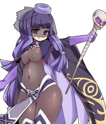  agnes_(sennen_sensou_aigis) bodysuit breasts commentary_request covered_navel covered_nipples cowboy_shot elbow_gloves female funeral_veil gloves long_hair medium_breasts nemui_(nemui) pelvic_curtain purple_gloves purple_hair sennen_sensou_aigis simple_background skin_tight skull solo staff veil white_background 