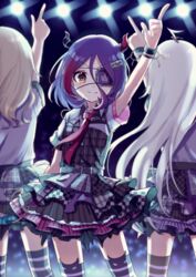  3girls absurdres arm_up bad_id bad_pixiv_id black_legwear blurry blurry_background breasts brown_eyes chains checkered closed_mouth collared_shirt commentary_request depth_of_field eyepatch fang_out hair_between_eyes hayasaka_mirei highres horns hoshi_syoko idolmaster idolmaster_cinderella_girls idolmaster_cinderella_girls_starlight_stage index_finger_raised individuals_(idolmaster) jacket layered_skirt morikubo_nono multicolored_hair multiple_girls necktie oerba_yun_fang plaid plaid_jacket pleated_skirt poyo_(shwjdddms249) purple_hair red_hair red_necktie shirt short_sleeves skirt small_breasts smile solo_focus stage_lights streaked_hair striped_clothes striped_thighhighs thighhighs v-shaped_eyebrows vertical_stripes white_shirt 