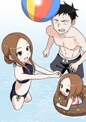  1boy 2girls absurdres afloat aged_up ball beachball bikini black_hair brown_hair commentary_request family hair_bun halterneck highres inaba_mifumi innertube karakai_jouzu_no_(moto)_takagi-san karakai_jouzu_no_takagi-san long_hair multiple_girls nishikata nishikata_chii open_mouth outstretched_arms short_hair shorts side-tie_bikini_bottom single_hair_bun spoilers standing swim_ring swimsuit takagi-san water 