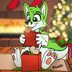  1:1 anthro black_nose blakefox blurred_background bone canid canine christmas christmas_clothing christmas_headwear christmas_lights christmas_tree clothed clothing digital_media_(artwork) fidget_the_fox fire fireplace fox fur gift green_body green_eyes green_fur hair headgear headwear hi_res holidays inside legwear male mammal pawpads pink_pawpads plant signature smile solo stockings tongue tongue_out tree white_body white_fur 