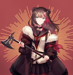  animal_ears arknights axe bad_id bad_pixiv_id bear_ears blue_eyes brown_hair coat dora_(user_jnfr7827) female fur-trimmed_coat fur_trim highres holding holding_axe md5_mismatch pantyhose pleated_skirt red_background red_pantyhose sailor_collar skirt solo zima_(arknights) 