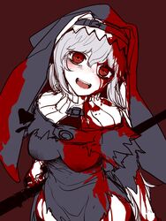  arknights blood blood_on_face blush breasts capelet female grey_hair habit highres hourai_kochou long_hair nun open_mouth red_eyes solo specter_(arknights) torn_clothes turtleneck 