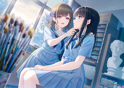  2girls art_room black_hair blue_eyes blue_serafuku blue_shirt blue_skirt blurry box brown_hair bust_(sculpture) closed_mouth commentary depth_of_field flower hair_flower hair_ornament highres hyuuga_azuri long_hair looking_at_another medium_hair medium_skirt multiple_girls open_mouth original paintbrush pleated_skirt purple_eyes sailor_collar school_uniform serafuku shelf shirt sidelocks sitting skirt smile symbol-only_commentary watermark white_sailor_collar window yuri 