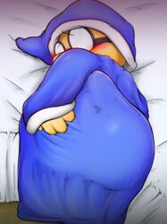  2023 4_fingers absurd_res anthro ass bed bed_sheet bedding blush clothing eyewear fingers furniture glasses hi_res inside kamek koopa looking_at_viewer magikoopa male mario_bros nintendo scales scalie solo yamausagi0619 yellow_body yellow_scales 