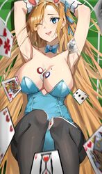  absurdres armpits asuna_(blue_archive) asuna_(bunny)_(blue_archive) bare_shoulders between_breasts black_pantyhose blonde_hair blue_archive blue_bow blue_bowtie blue_eyes blue_leotard blue_ribbon blush bow bowtie breasts card card_between_breasts cleavage commentary_request detached_collar feet_out_of_frame female gloves hair_over_one_eye hair_ribbon hair_spread_out highres large_breasts leotard long_hair looking_at_viewer mole mole_on_breast official_alternate_costume one_eye_closed open_mouth pantyhose playboy_bunny presenting_armpit ribbon smile solo soranoki strapless strapless_leotard swept_bangs thighband_pantyhose very_long_hair white_gloves 