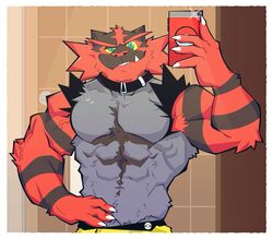  anthro at3mask black_body felid fur generation_7_pokemon incineroar male mammal muscular muscular_anthro muscular_male nintendo pokemon pokemon_(species) red_body red_fur solo teeth 