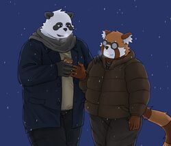  2022 ailurid anthro bari_mu bear black_body black_nose bottomwear clothing duo eyewear giant_panda glasses hi_res humanoid_hands kemono male mammal outside overweight overweight_male pants red_panda scarf sweater topwear white_body 