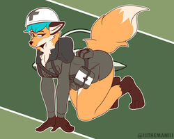  2022 4_toes 5:4 absurd_res all_fours anthro ass barefoot black_nose blue_hair breasts canid canine chest_tuft clothed clothing feet female fingers fluffy fluffy_tail fox foxhole:_persistant_online_warfare fur gloves_(marking) hair hat headgear headwear hi_res leg_markings looking_at_viewer mammal markings military orange_body orange_fur short_hair smile socks_(marking) solo tail tan_body tan_fur the_man toes tuft 