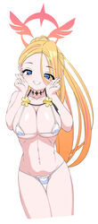  alternate_costume bikini blonde_hair blue_archive blue_eyes blush breasts cleavage closed_mouth commentary female hair_between_eyes halo highres japanese_clothes kimono large_breasts long_hair looking_at_viewer micro_bikini navel nonsugar obi pina_(blue_archive) ponytail red_kimono sash smile solo stomach swimsuit 