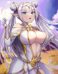  absurdres arm_guards bare_shoulders belt blue_eyes blue_sky blush breasts britomart_(fate) britomart_(second_ascension)_(fate) capelet center_opening cleavage double_bun dress elbow_gloves fate/grand_order fate_(series) female gloves gold_trim grey_hair hair_bun hairband highres large_breasts long_hair looking_at_viewer mtyk_ooosjes99 navel open_mouth pants pointy_ears sky solo taut_clothes taut_dress tight_clothes tight_pants twintails very_long_hair white_capelet white_dress white_gloves white_pants 