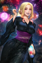  black_kimono blonde_hair breasts collarbone commentary dutch_angle english_commentary female firework_background fireworks forehead gradient_hair hair_bun highres holding japanese_clothes kimono kitagawa_marin long_hair looking_at_viewer medium_breasts multicolored_hair neoartcore parted_bangs purple_sash red_eyes red_hair sash sidelocks single_hair_bun solo sono_bisque_doll_wa_koi_wo_suru tongue tongue_out yukata 