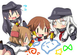  4girls :d akatsuki_(kancolle) all_fours anchor_symbol black_hair black_headwear black_pantyhose black_sailor_collar black_skirt black_socks blush brown_hair chibi commentary_request crayon drawing dutch_angle flat_cap flying_sweatdrops folded_ponytail grey_hair hair_between_eyes hair_ornament hairclip hat hibiki_(kancolle) ikazuchi_(kancolle) inazuma_(kancolle) kantai_collection kneehighs long_hair long_sleeves lying multiple_girls neckerchief oerba_yun_fang on_stomach open_mouth oshiruko_(uminekotei) pantyhose photoshop_(medium) pleated_skirt profile red_neckerchief sailor_collar school_uniform serafuku shirt short_hair simple_background skirt smile socks underwear white_background white_shirt |_| 