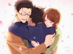  2boys black_hair brown_hair closed_eyes comforting crying family father_and_son female glasses hair_slicked_back highres hug kumuo_(mirakurufusao) long_sleeves low_tied_hair mother_and_son multiple_boys natsuki_kenichi natsuki_naoko natsuki_subaru open_mouth re:zero_kara_hajimeru_isekai_seikatsu school_uniform short_hair smile 