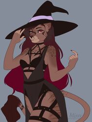  2019 5_fingers anthro breasts brown_body brown_fur brown_nose clothed clothing digital_media_(artwork) eyebrows eyelashes felid female fingers fur grey_background hat headgear headwear hi_res leopard magic_user mammal missy_(artist) pantherine red_eyes simple_background smile solo standing witch witch_hat 