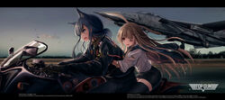  2girls absurdres aircraft airplane animal_ear_fluff animal_ears bad_id bad_pixiv_id blonde_hair blue_hair blue_scarf bomber_jacket cosplay dog_ears f-14_tomcat graphite_(medium) haguruma_c highres jacket kawasaki letterboxed long_hair miniskirt mole mole_under_eye motor_vehicle motorcycle multiple_girls on_motorcycle one_eye_closed open_mouth original pencil_skirt pete_&quot;maverick&quot;_mitchell pete_&quot;maverick&quot;_mitchell_(cosplay) rabbit_ears riding scarf skirt taking_off thighhighs thighs top_gun traditional_media windsock zettai_ryouiki 